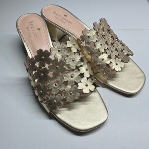Kate Spade Daisy Pale Gold Floral Metallic Leather Slides Mules Sz 8.5B